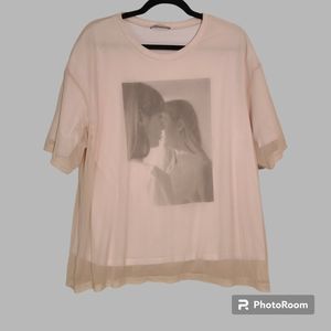 Zara Unisex Graphic Print T-Shirt with Beige Mesh Top Overshirt Size Large